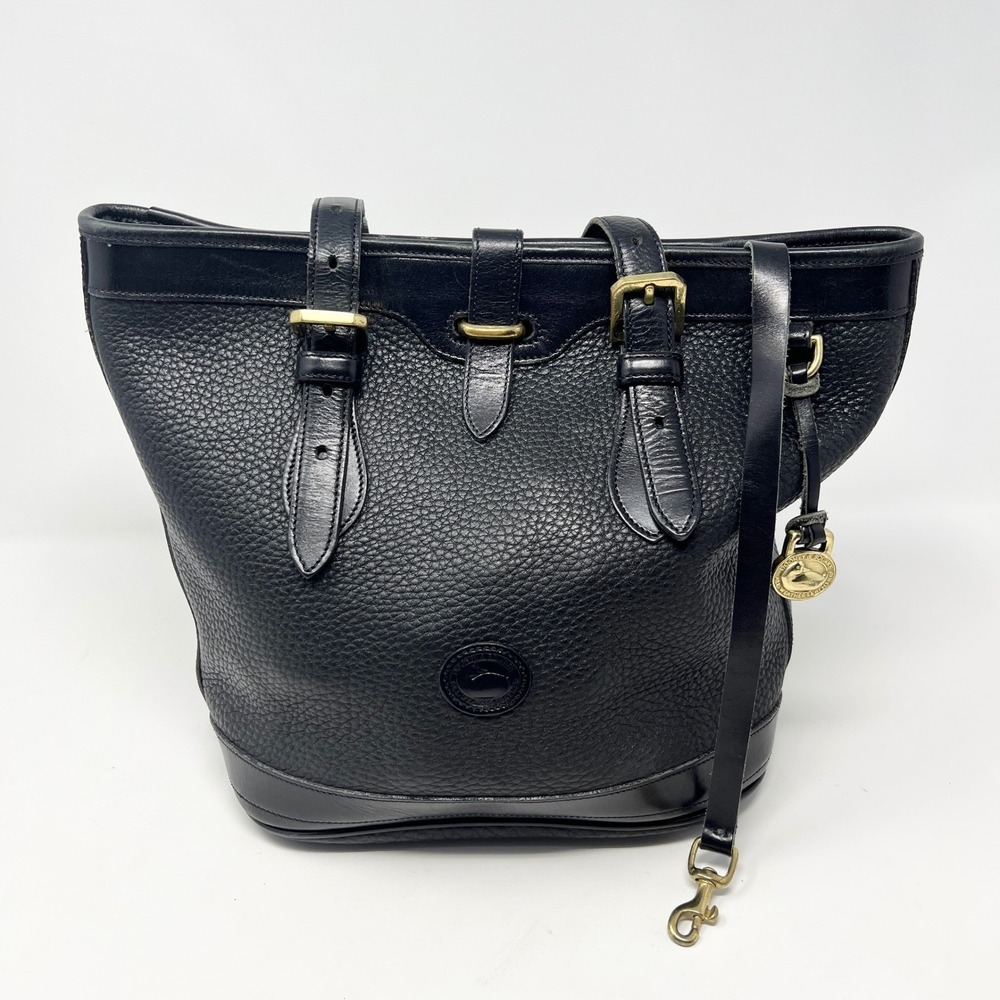 VTG Dooney & Bourke East/West Bucket Tote Handbag Leather Navy MADE IN USA Bag